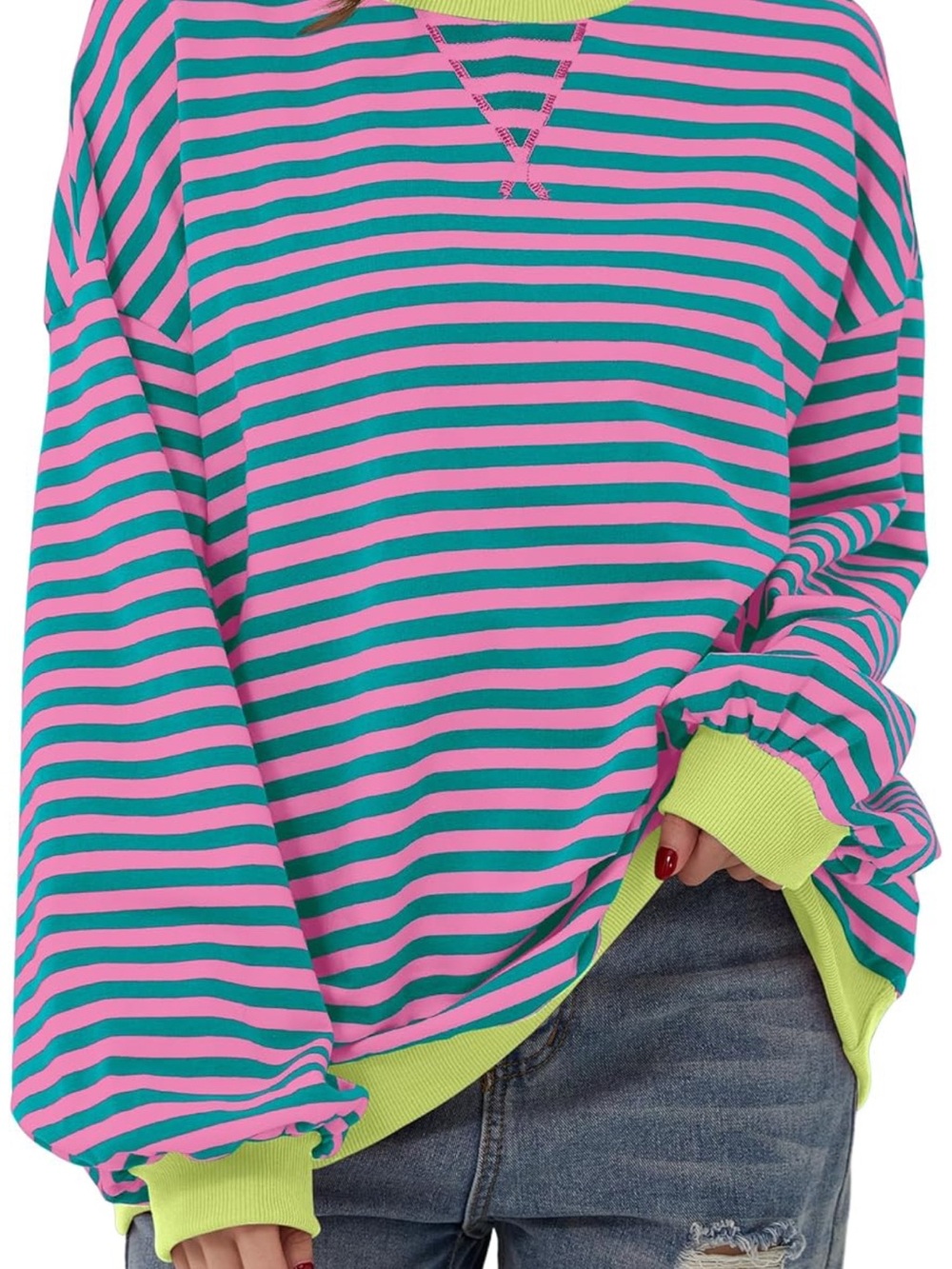 Striped Sweatshirt Women Oversized Color Block Crew Neck Long Sleeve
